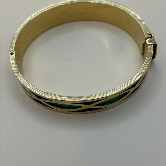 4022-PTT Vintage Signed Napier Bangle Goldtone Metal Blue & Green Geometric - Picture 12 of 13